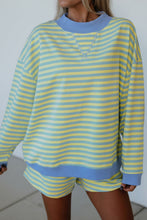 Load image into Gallery viewer, Pink Stripe Color Block Detail Long Sleeve Pullover Elastic Waist Pull On Shorts 2pcs Set