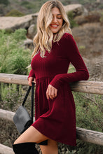 Load image into Gallery viewer, Black Frilled Neck Ribbed Knit Patchwork Long Sleeve Mini Dress