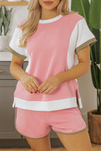 Load image into Gallery viewer, Pink Textured Colorblock Patchwork Tee Two Piece Shorts Set