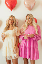 Load image into Gallery viewer, Apricot Sequined Lace Mesh Bubble Sleeve Square Neck Dress