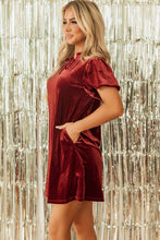 Load image into Gallery viewer, Cinnamon Velvet Smocked Neckline Puff Sleeve Shift Mini Dress