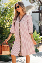 Load image into Gallery viewer, Pink Stripe Square Button Leopard Trim Loose Bracelet Sleeve Shirt Dress