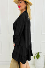 Load image into Gallery viewer, Black Chambray Ruffled 3/4 Sleeve Tiered Split V Neck Mini Dress