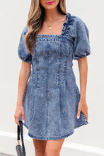 Load image into Gallery viewer, Blue Frilly Square Neck Bustier Puff Sleeve Short Denim Dress