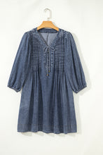 Load image into Gallery viewer, Sail Blue 3/4 Sleeve Tied V Neck Pleated Denim Mini Dress
