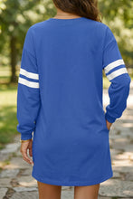 Load image into Gallery viewer, Tillandsia Purple Varsity Contrast Banded Sleeve Shift Sweatshirt Dress