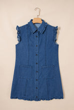 Load image into Gallery viewer, Sail Blue Ruffled Edge Collared Shift Denim Dress with Pockets
