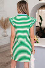 Load image into Gallery viewer, Green Stripe Print Contrast Collar Split Neck Flutter Sleeve Short Dress