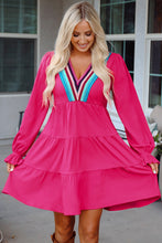 Load image into Gallery viewer, Rose Red Colorful Crochet V Neck Textured Tiered Ruffled Long Sleeve Mini Dress