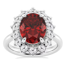 Load image into Gallery viewer, AGI Certified 3CTW Oval Lab Ruby Princess Diana Engagement Ring With Lab Diamond Halo in Choice of 14K White or Yellow Gold – 9x7mm
