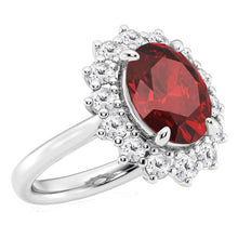 Load image into Gallery viewer, AGI Certified 3CTW Oval Lab Ruby Princess Diana Engagement Ring With Lab Diamond Halo in Choice of 14K White or Yellow Gold – 9x7mm