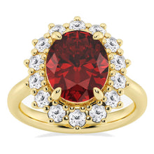 Load image into Gallery viewer, AGI Certified 3CTW Oval Lab Ruby Princess Diana Engagement Ring With Lab Diamond Halo in Choice of 14K White or Yellow Gold – 9x7mm