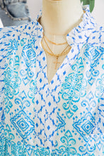 Load image into Gallery viewer, Sky Blue Boho Floral Geometric Patchwork Ruffle Detail Puff Sleeve Mini Dress