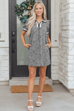 Load image into Gallery viewer, Black Leopard Print Contrast Striped Trim Polo Collar Short Sleeve Dress with Pockets