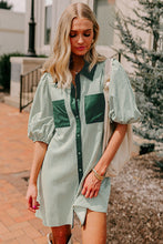Load image into Gallery viewer, Green Patch Pockets Button Down Short Puff Sleeve Dress