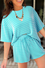 Load image into Gallery viewer, Green Stripe Raised Rib Loose Tee Drawstring Elastic Waist 2pcs Short Set
