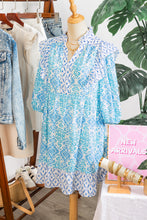 Load image into Gallery viewer, Sky Blue Boho Floral Geometric Patchwork Ruffle Detail Puff Sleeve Mini Dress