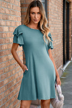 Load image into Gallery viewer, Skobeloff Solid Color Round Neck Double Ruffle Short Sleeve Dress