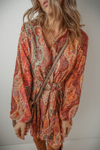 Load image into Gallery viewer, Orange Boho Paisley Print Long Sleeve Pleated Belted Mini Dress