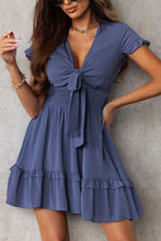 Load image into Gallery viewer, Blue Deep V Neck Self-tie Knotted Front Layered Flare Mini Dress