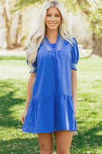 Load image into Gallery viewer, Sky Blue Embroidered Smocked Detail V Neck Short Puff Sleeve Mini Dress