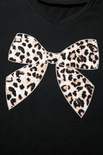 Load image into Gallery viewer, Black Contrast Leopard Bow Patched V Neck Loose Tee Drawstring Shorts 2pcs Outfit