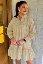 Load image into Gallery viewer, Brown Stripe Collared Neck Cuffed Long Sleeve Drop Waist Mini Dress