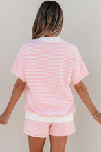 Load image into Gallery viewer, Sky Blue Stripe Cuffed Sleeve Contrast Mock Neck Tee Casual 2pcs Short Set