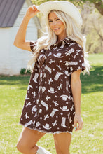 Load image into Gallery viewer, Brown Cowgirl Hats Boots Cactus Print Raw Edge Button Down Short Denim Dress