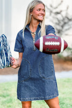 Load image into Gallery viewer, Blue Zip up Collared Short Sleeve Shift Mini Denim Dress