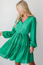 Load image into Gallery viewer, Sea Green Frilly V Neck Puff Sleeve Drawstring Shift Mini Dress