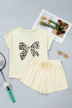 Load image into Gallery viewer, Black Contrast Leopard Bow Patched V Neck Loose Tee Drawstring Shorts 2pcs Outfit