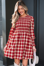 Load image into Gallery viewer, Red Plaid Print Smocked Puff Sleeve Mini Dress