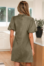 Load image into Gallery viewer, Moss Green Frilled Round Neck Short Puff Sleeve Shift Mini Dress