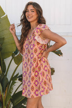 Load image into Gallery viewer, Orange Geometric Floral V Neck Buttoned Ruffled Sleeve Mini Dress