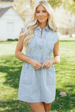 Load image into Gallery viewer, Sky Blue Stripe Collared Button Front Sleeveless Denim Mini Dress