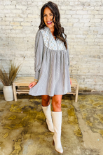 Load image into Gallery viewer, Black Stripe Floral Patchwork Tied V Neck Shift Long Sleeve Mini Dress
