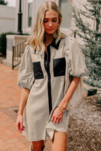Load image into Gallery viewer, Sky Blue Stripe Color Block Patchwork Shirt Collar Button Down Puff Sleeve Mini Dress