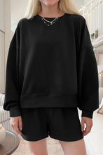 Load image into Gallery viewer, Black Ribbed Texture Baggy Drop Shoulder Pullover and Shorts Set