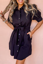 Load image into Gallery viewer, Black Button Up Tie Waist Puff Sleeve Mini Dress