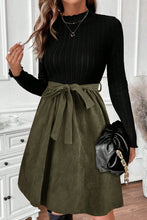 Load image into Gallery viewer, Black Ribbed Knit Slim Bodice Contrast Flared Skirt Patchwork Belted Dress