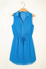 Load image into Gallery viewer, Blue Half Buttons Collared Elastic Waist Sleeveless Shirt Dress