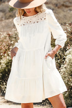 Load image into Gallery viewer, White Floral Lace Patchwork Bracelet Sleeve Tiered Mini Dress