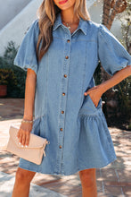 Load image into Gallery viewer, Beau Blue Button Down Short Puff Sleeve Ruffle Hem Patchwork Denim Dress