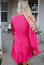 Load image into Gallery viewer, Rose Red Colorful Crochet V Neck Textured Tiered Ruffled Long Sleeve Mini Dress