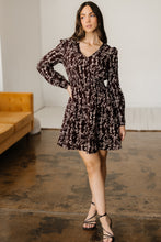 Load image into Gallery viewer, Brown Ditsy Floral Print Split Neck Long Sleeve Shirred Waist Flared Mini Dress