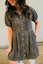 Load image into Gallery viewer, Gray Leopard Print Short Sleeve Pleated Denim Mini Dress