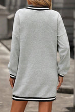 Load image into Gallery viewer, Light Grey Striped Trim V Neck Long Sleeve Preppy T Shirt Dress