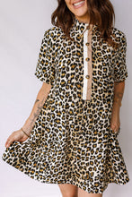 Load image into Gallery viewer, Multicolour Half Buttons Short Sleeve Loose Leopard Mini Dress with Pockets