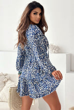 Load image into Gallery viewer, Blue Vintage Print Lace up V Neck Long Sleeve Mini Dress